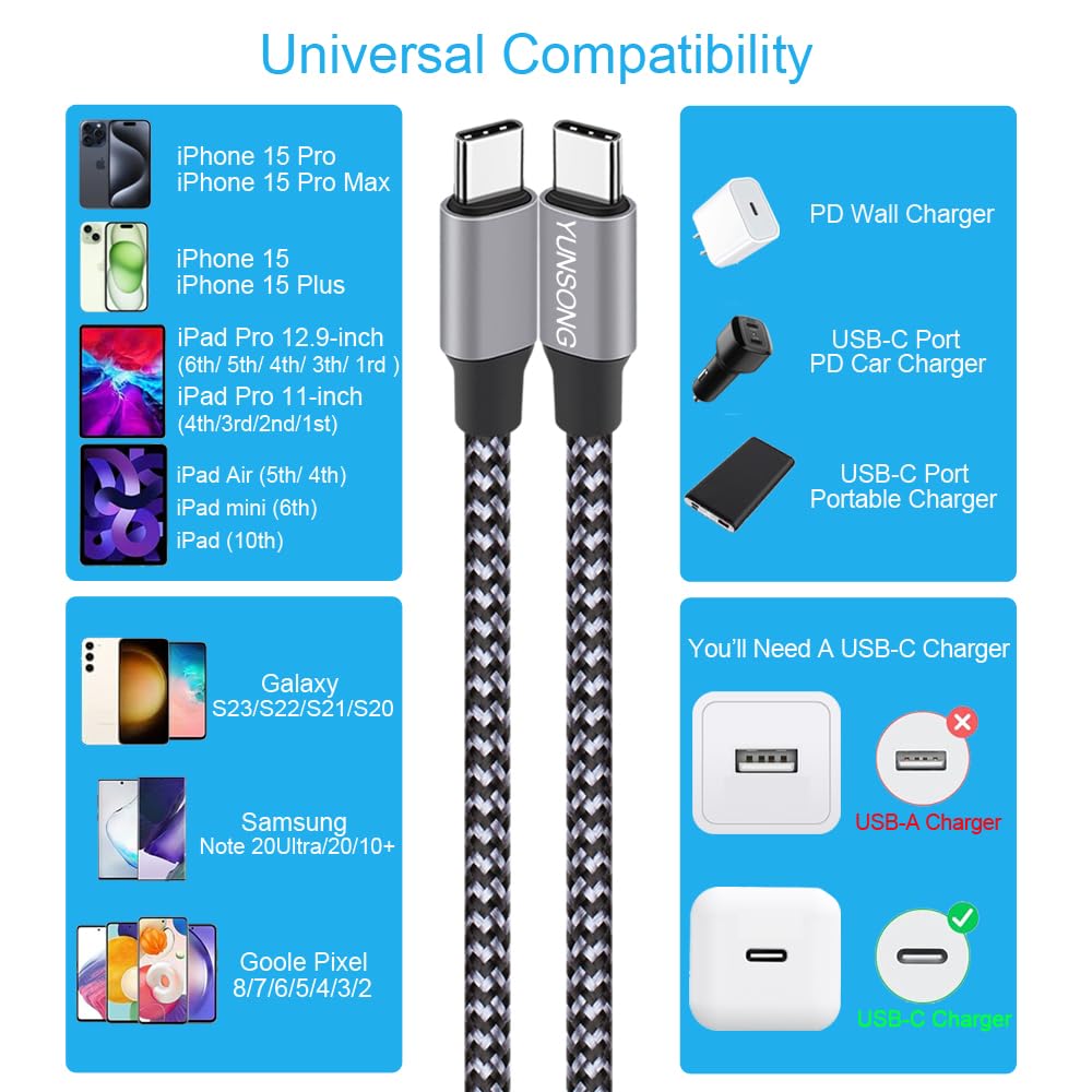 USB C Cable, 3-Pack 6ft (about 1.8m) USB C to USB C Cable Nylon Braided Type C PD 60W Fast Charging, for iPhone16 15 iPad Mini 6 and More