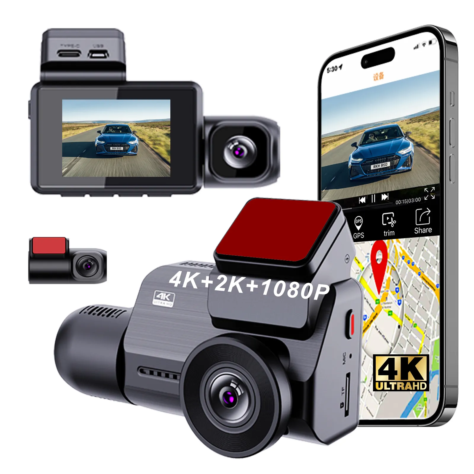 3-Lens 4K+1080P WiFi GPS Loop DVR