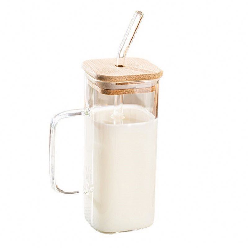 400ml Square Glass Mug With Lid and Straw