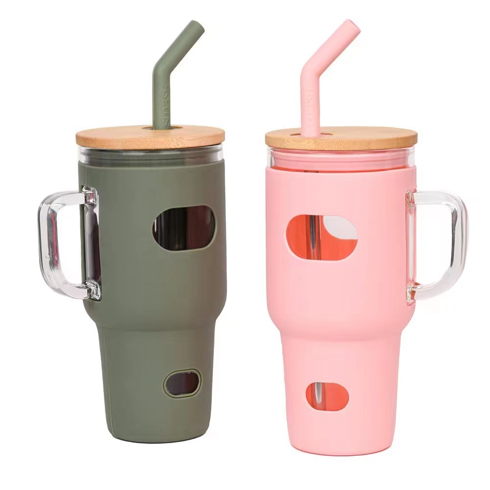 Drinking Glass Tumbler with Handle and Straw Lid