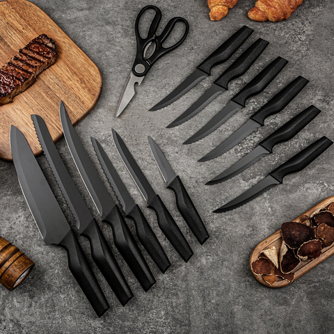 14pc Non-Stick 3Cr13 Stainless Steel Plastic Laser Handle Knife Set with holder