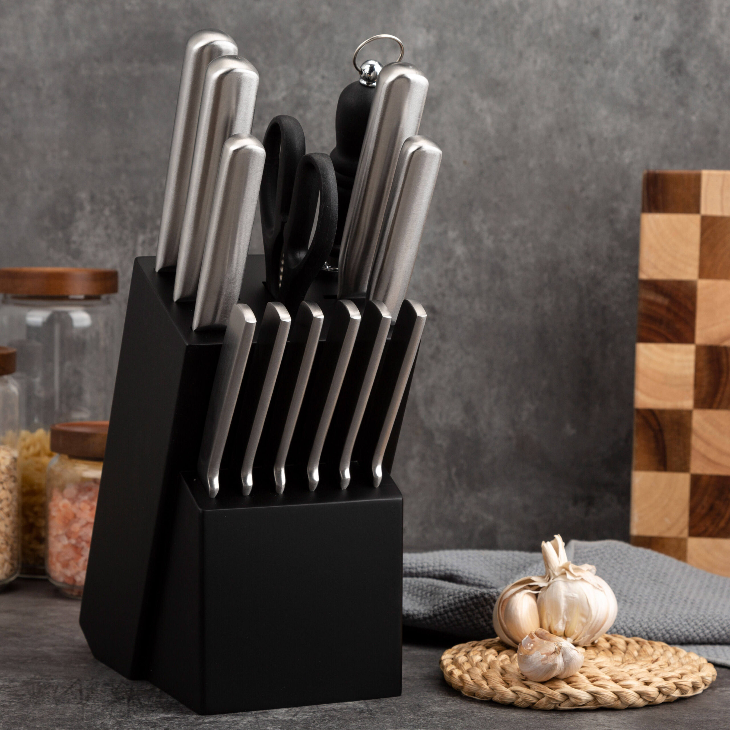 14pc Hollow Stainless Steel Knife Set Wood Block