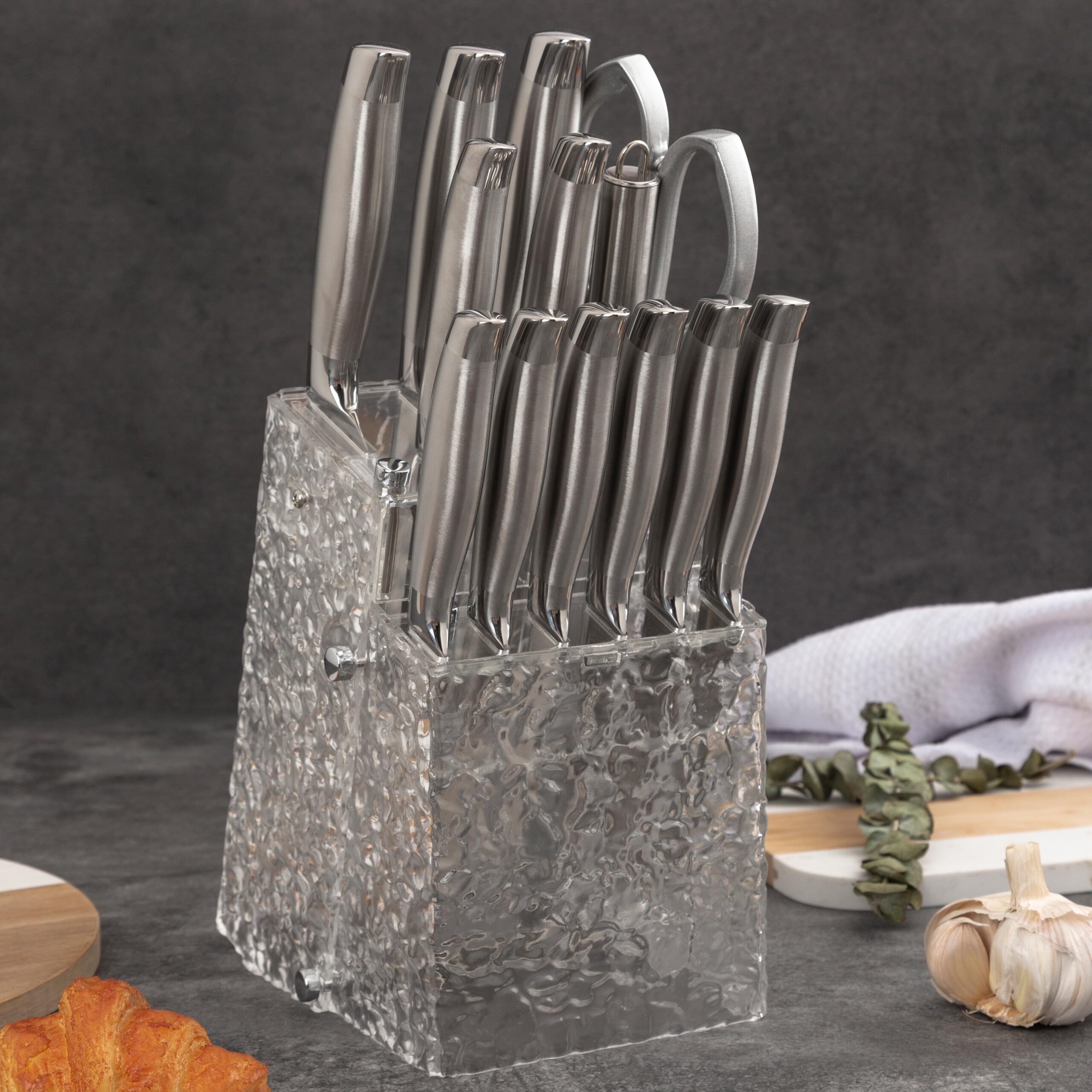 14pc Stainless Steel Blade Acrylic Block Sharp Knife Set