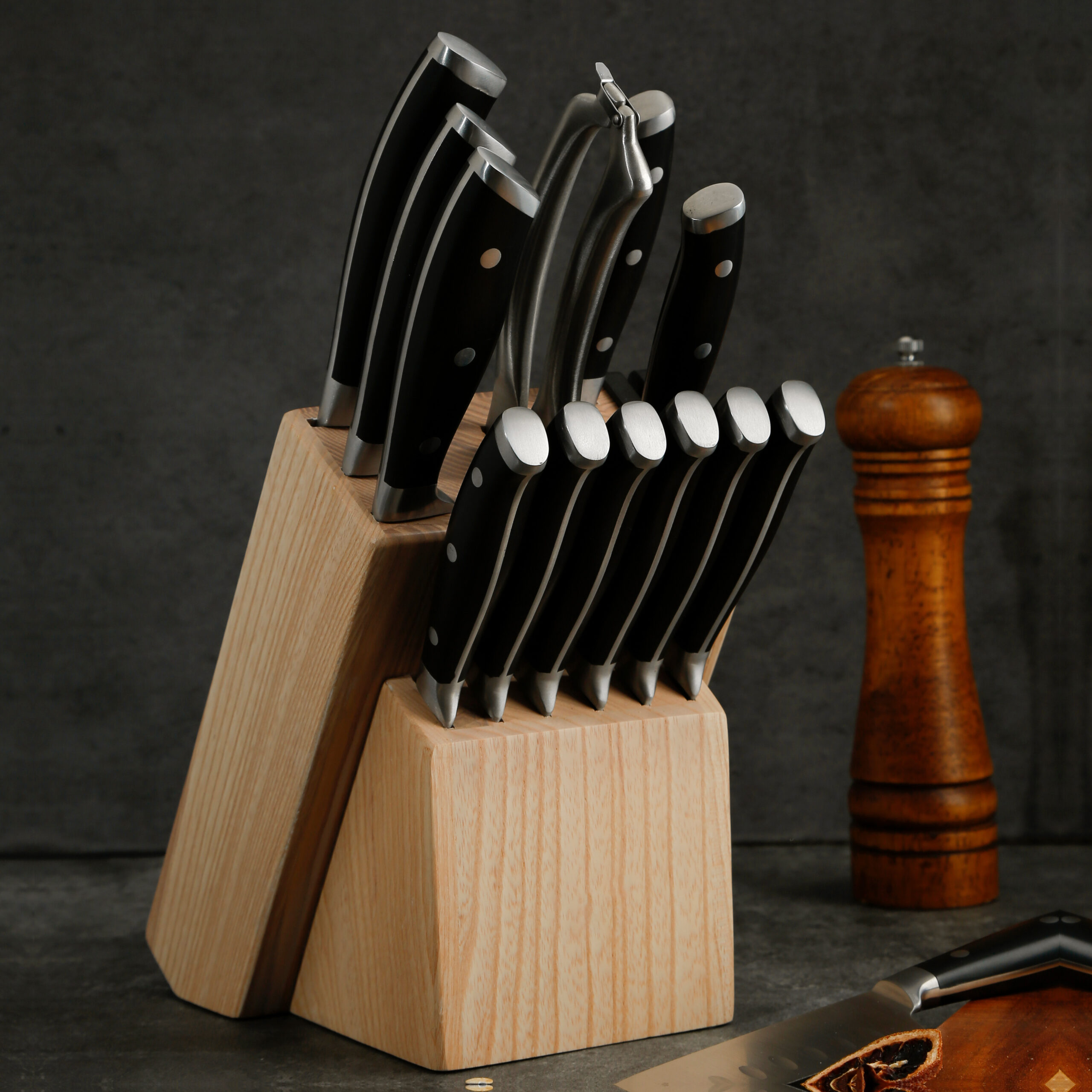 14pc ABS Handle Stainless Steel Knife Wood Block Knife Set
