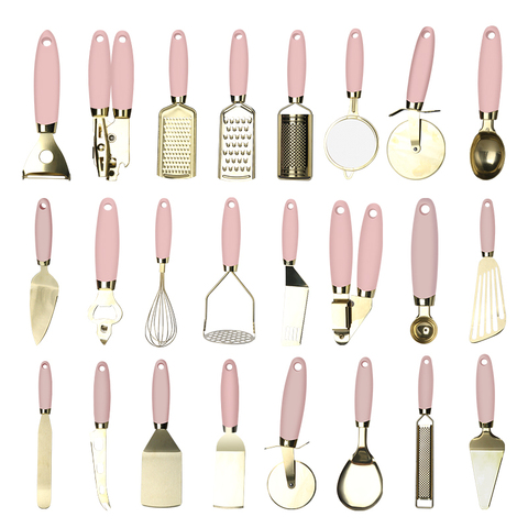 15pc Gold Steel Utensil Set Plastic Handle