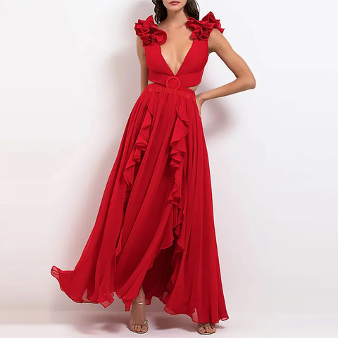 Retro Ruffle V Neck One Piece