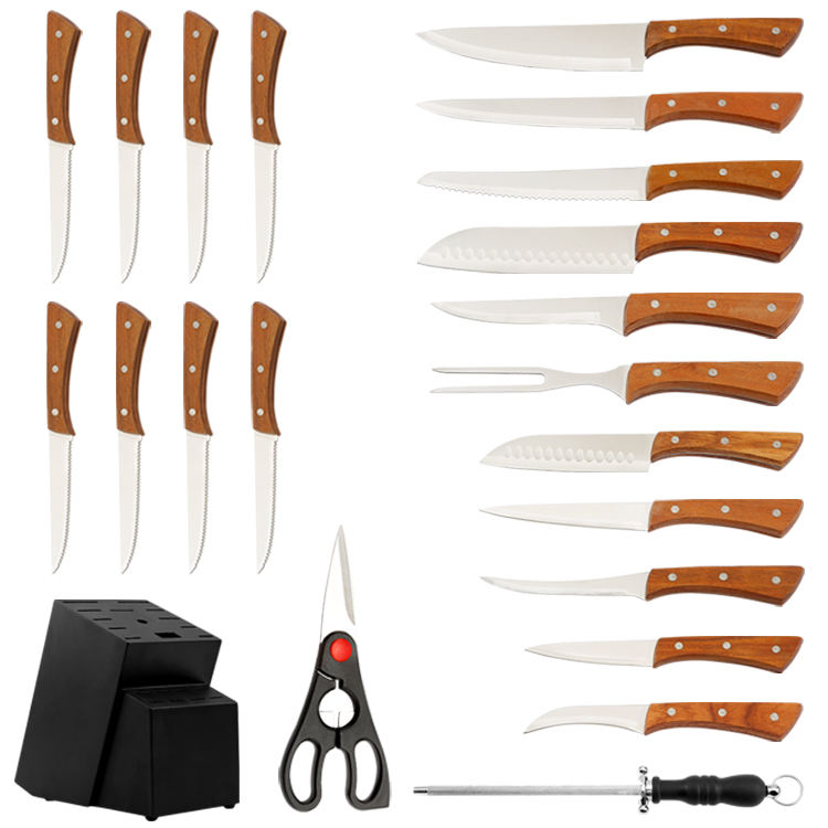 22pc Acacia Handle 3Cr13 Stainless Steel Laser Knife Set