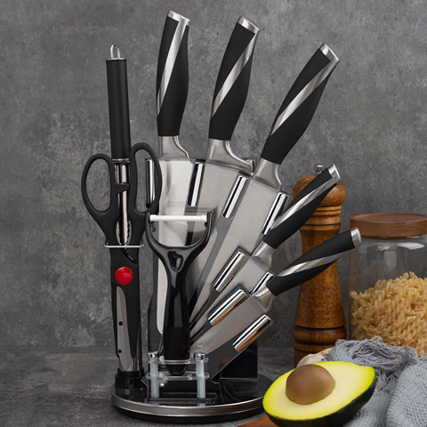 9pc Carbon Stainless Steel Sharpener Acrylic Knife Set
