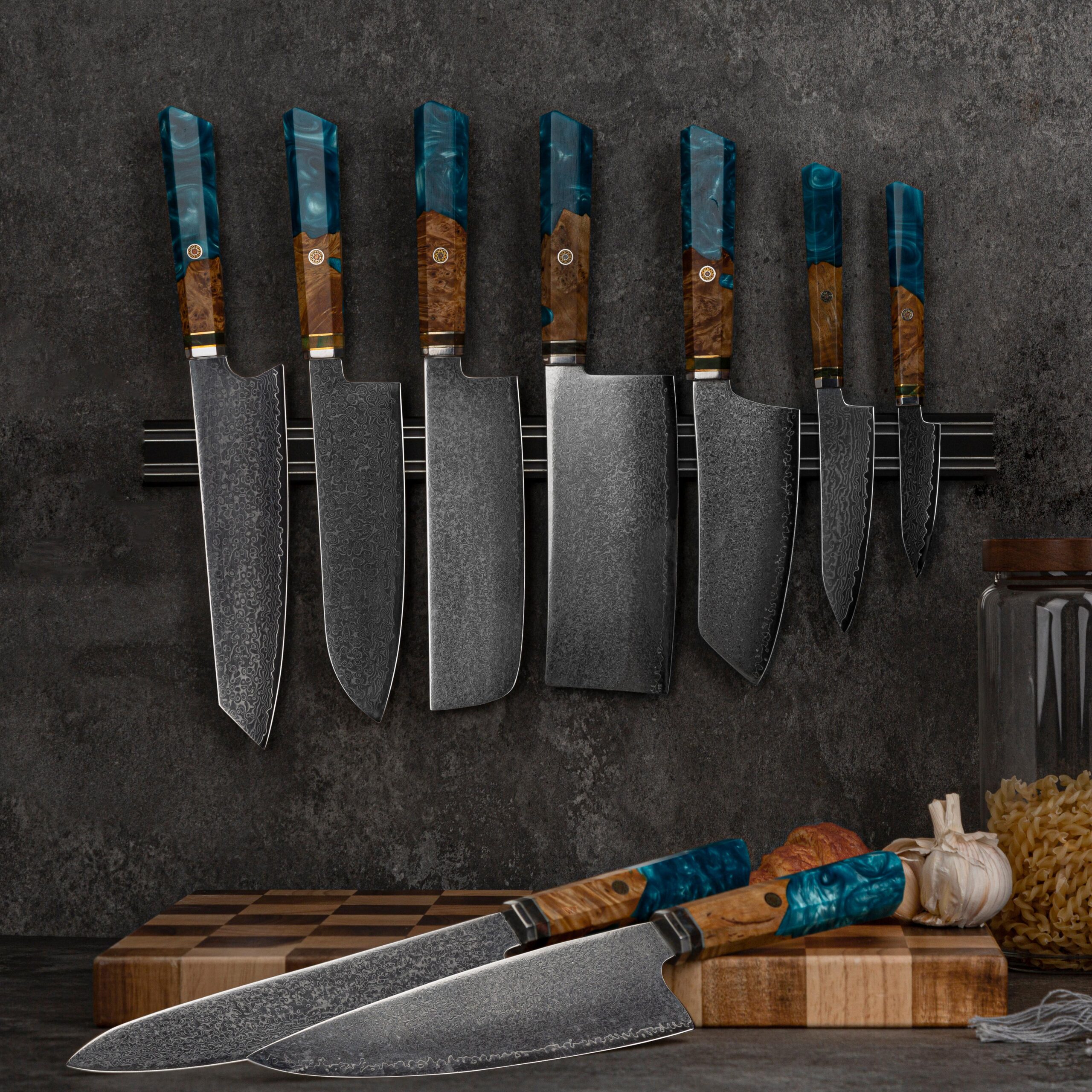 9pcs Handmade Damascus Utility Knives with Resin