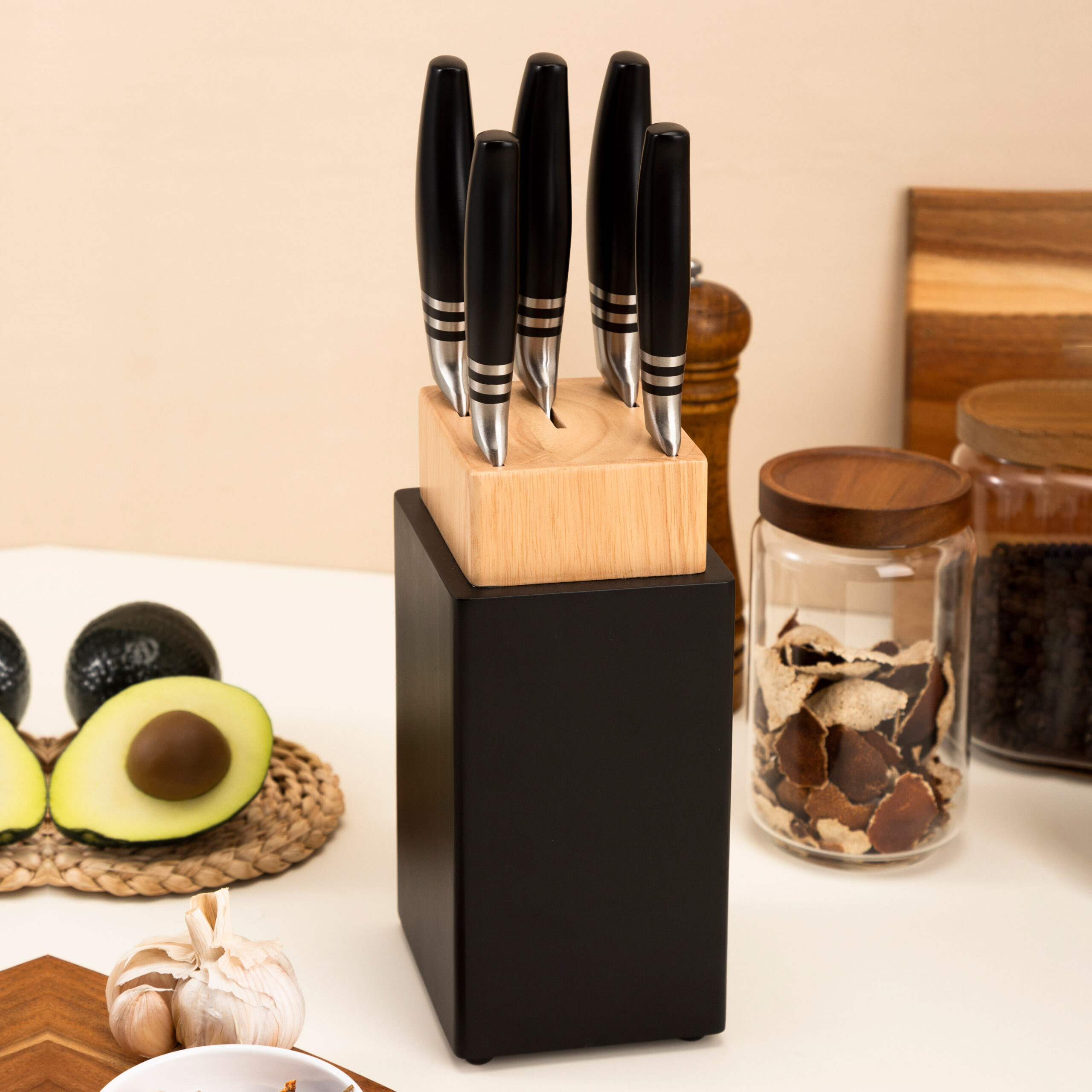 Black Stainless Steel Wood Block Chef Knife Set