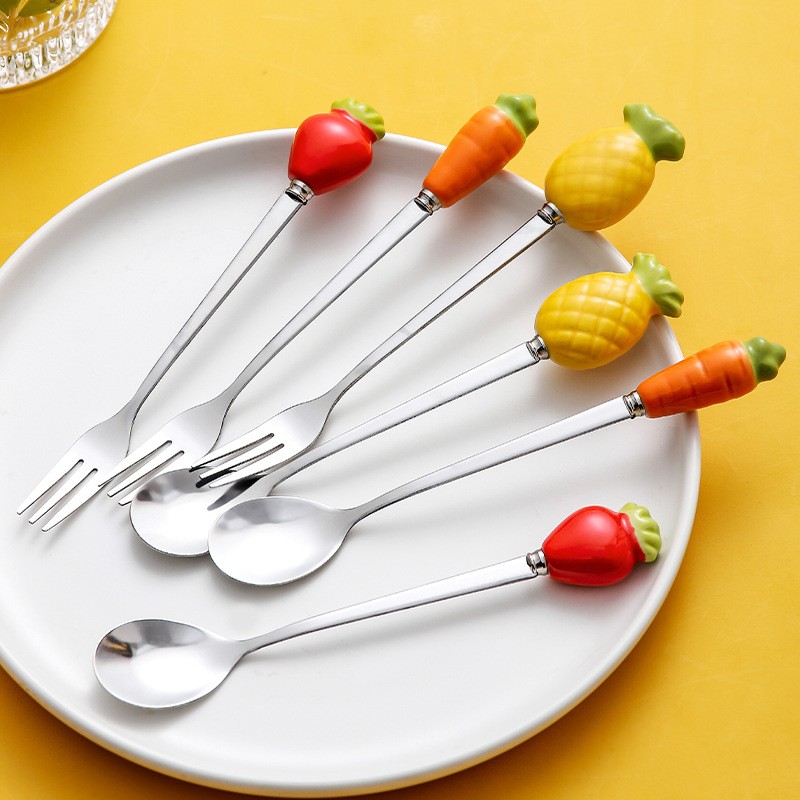 Ceramic Fruit Fork Stainless Steel Spoon