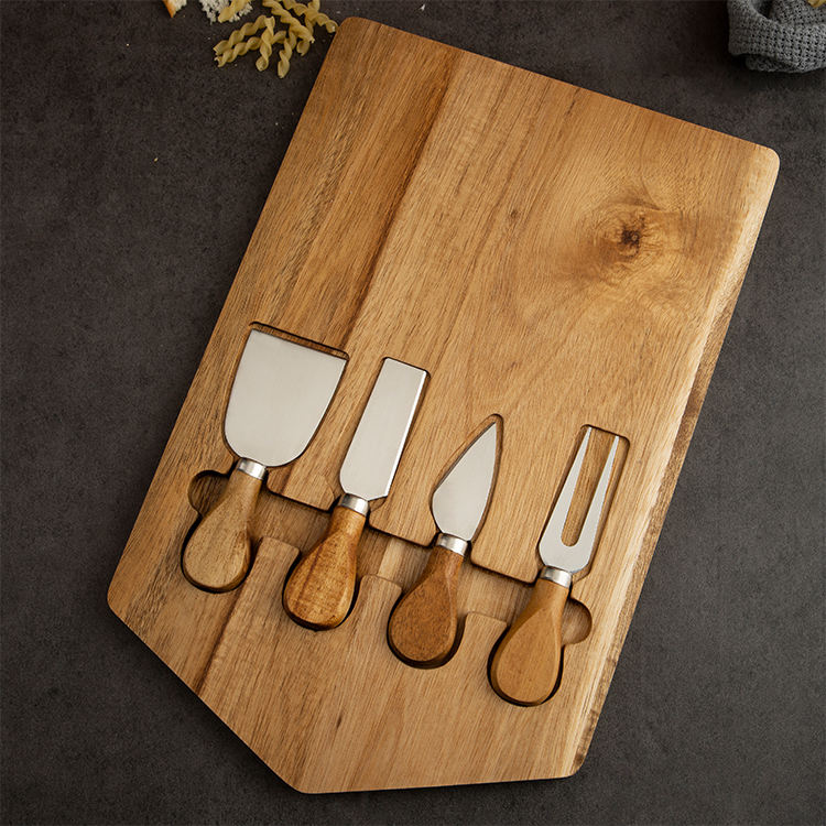 Stainless Steel Knives Rubber Wood Timber Cutting Cheese Board and Knife Set