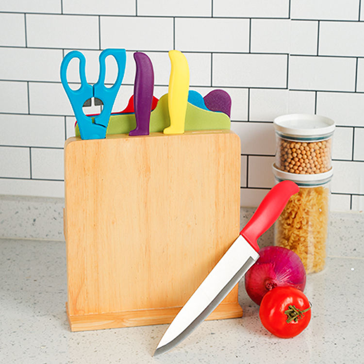 9pcs Stainless Knives with Color Plastic Boards & Rack