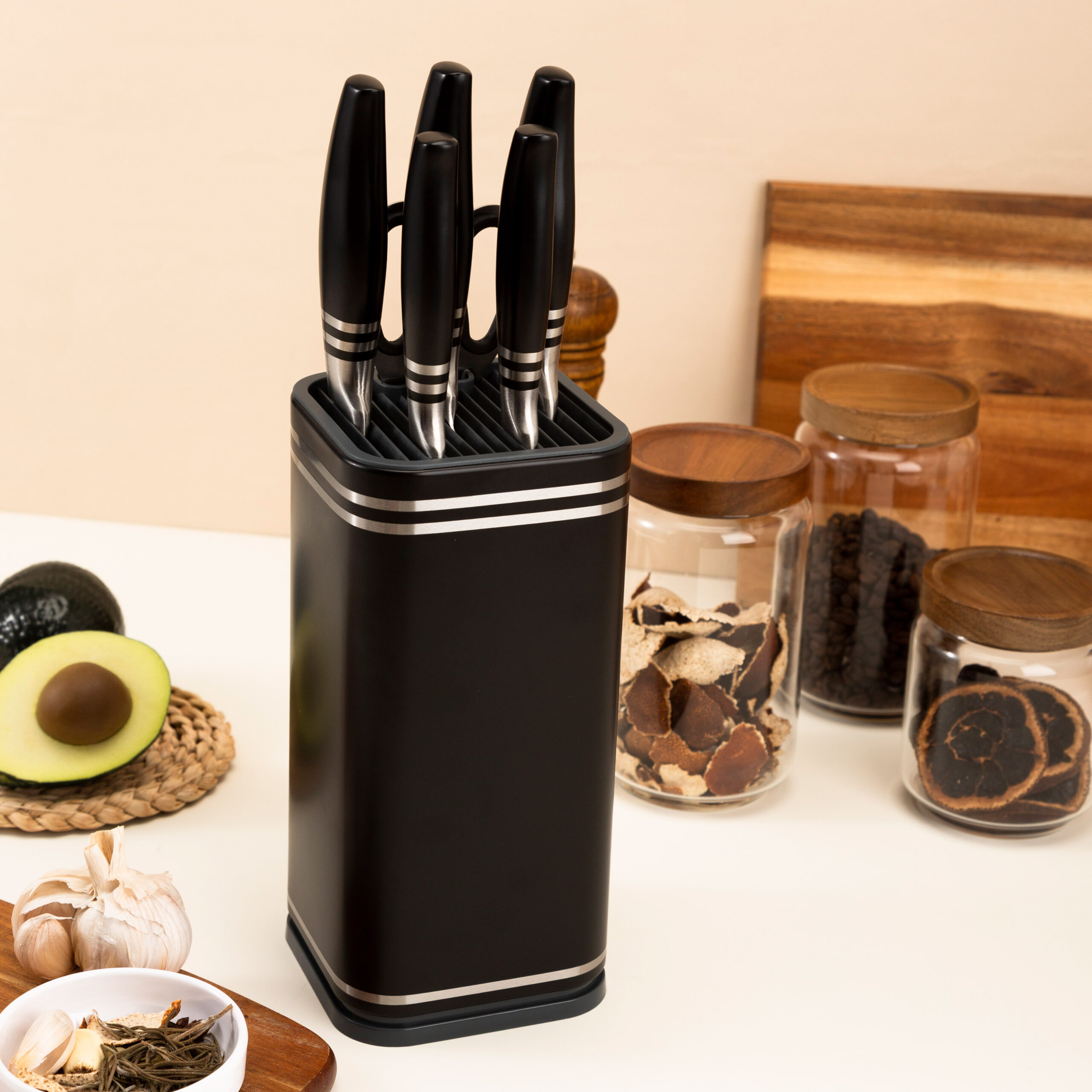 Black Stainless Steel Hollow Handle Kitchen Knife Set With Holder
