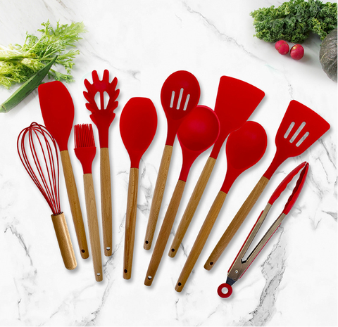 Wooden Handle Silicone Utensils with Storage Bucket
