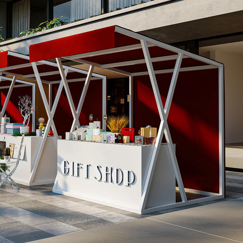 Modern X-Gift Kiosk Red Canopy White Counter
