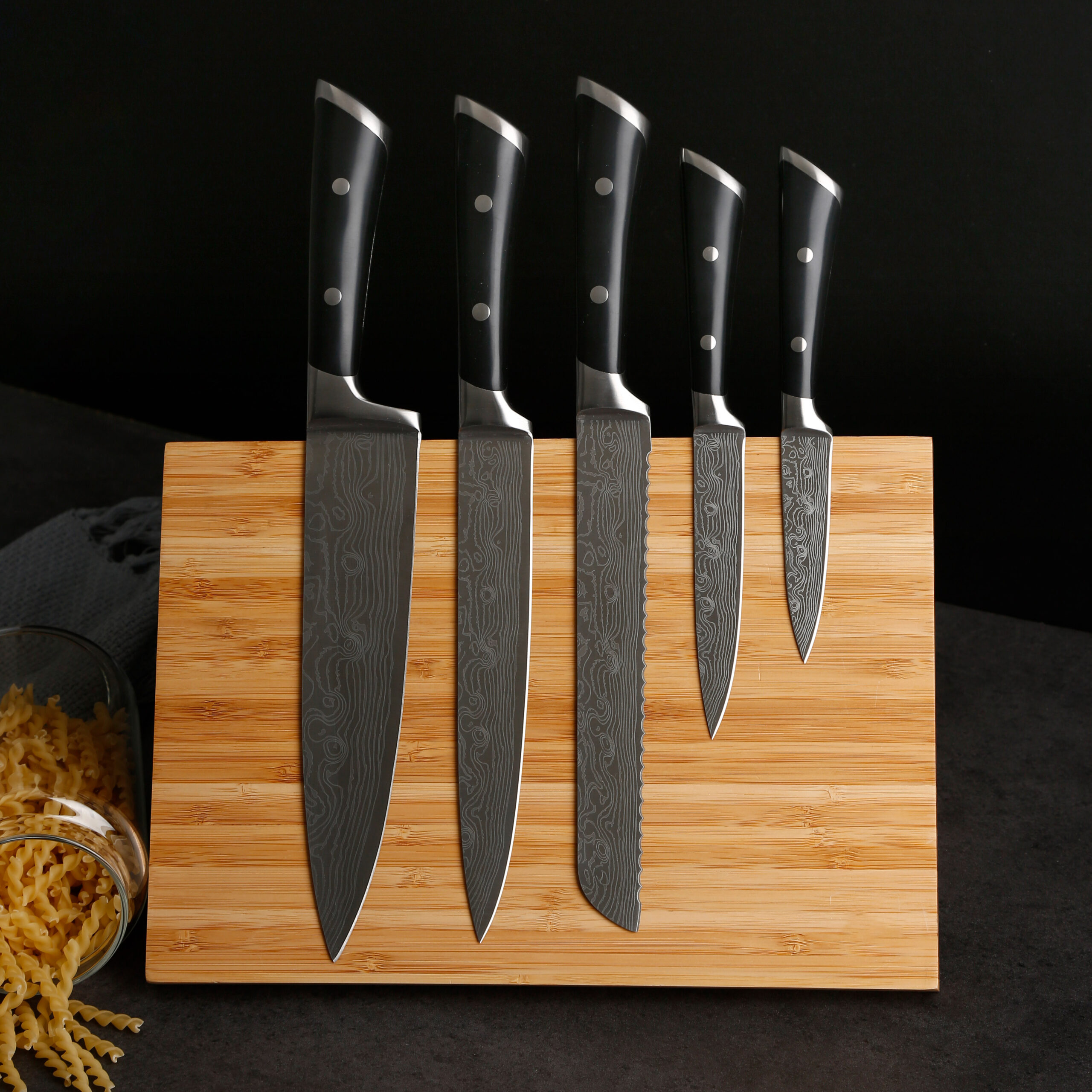 5pc Damascus Texture Stainless Steel Knife Set Magnet Stand