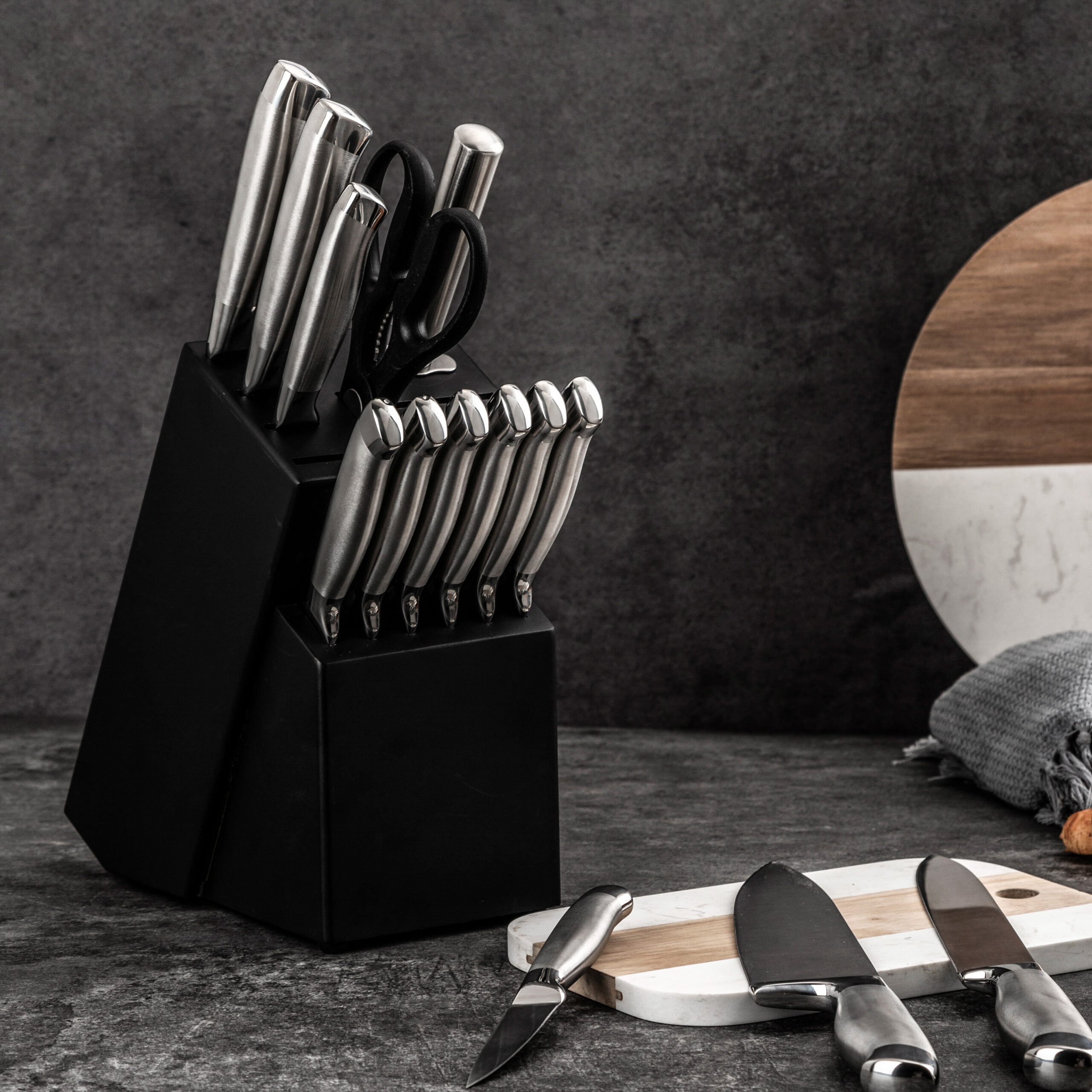 15pc Carbon Stainless Steel Knife Set with Holder