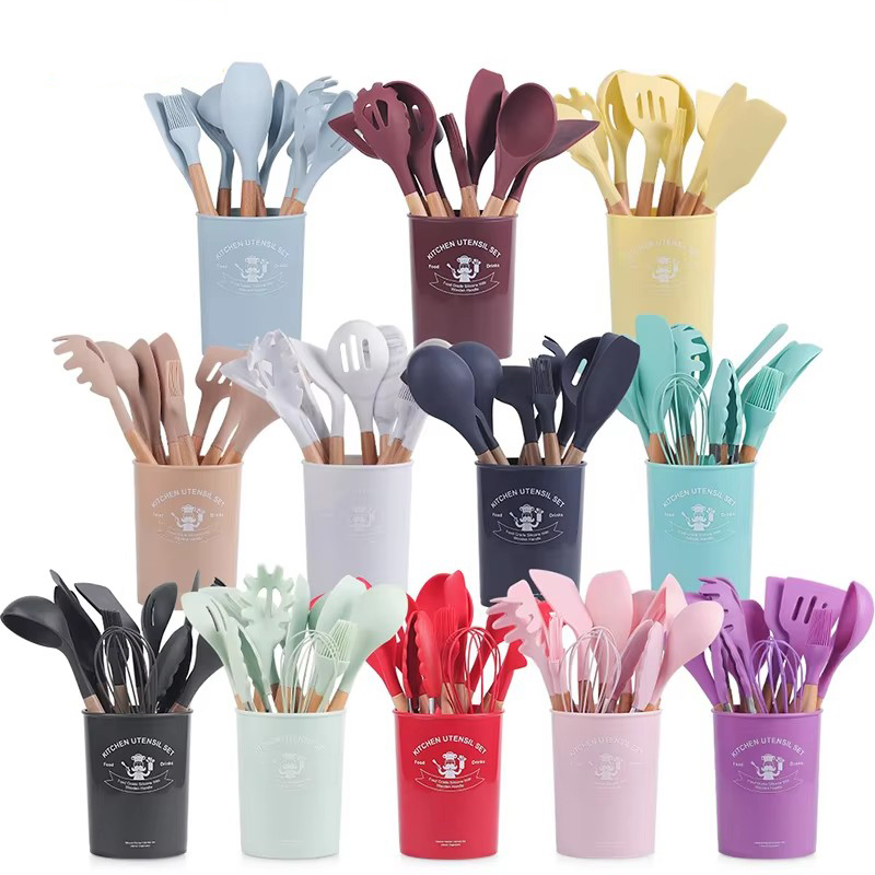 12pc Pink Silicone Set with Wood Inlay