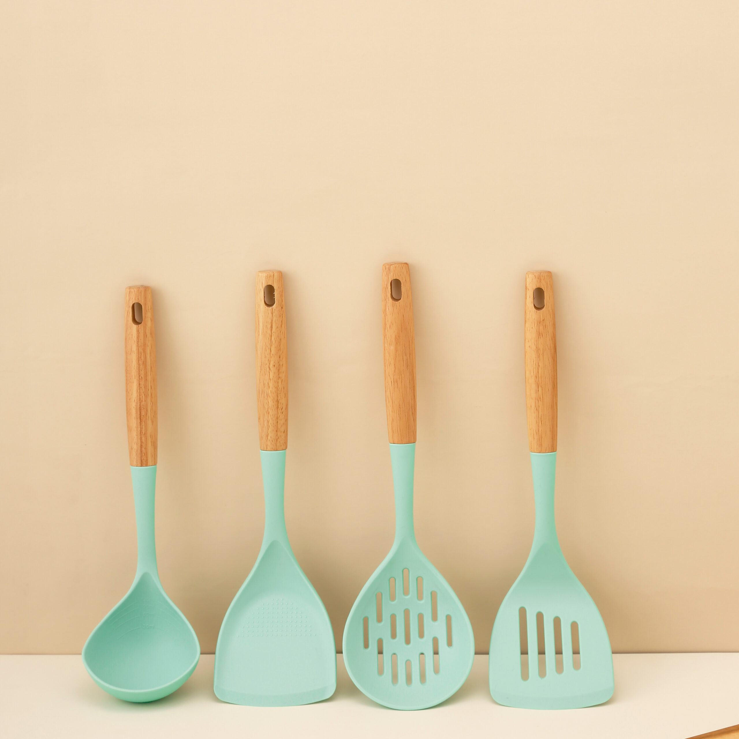 Multi Use Wooden Handle Green Silicone Utensils