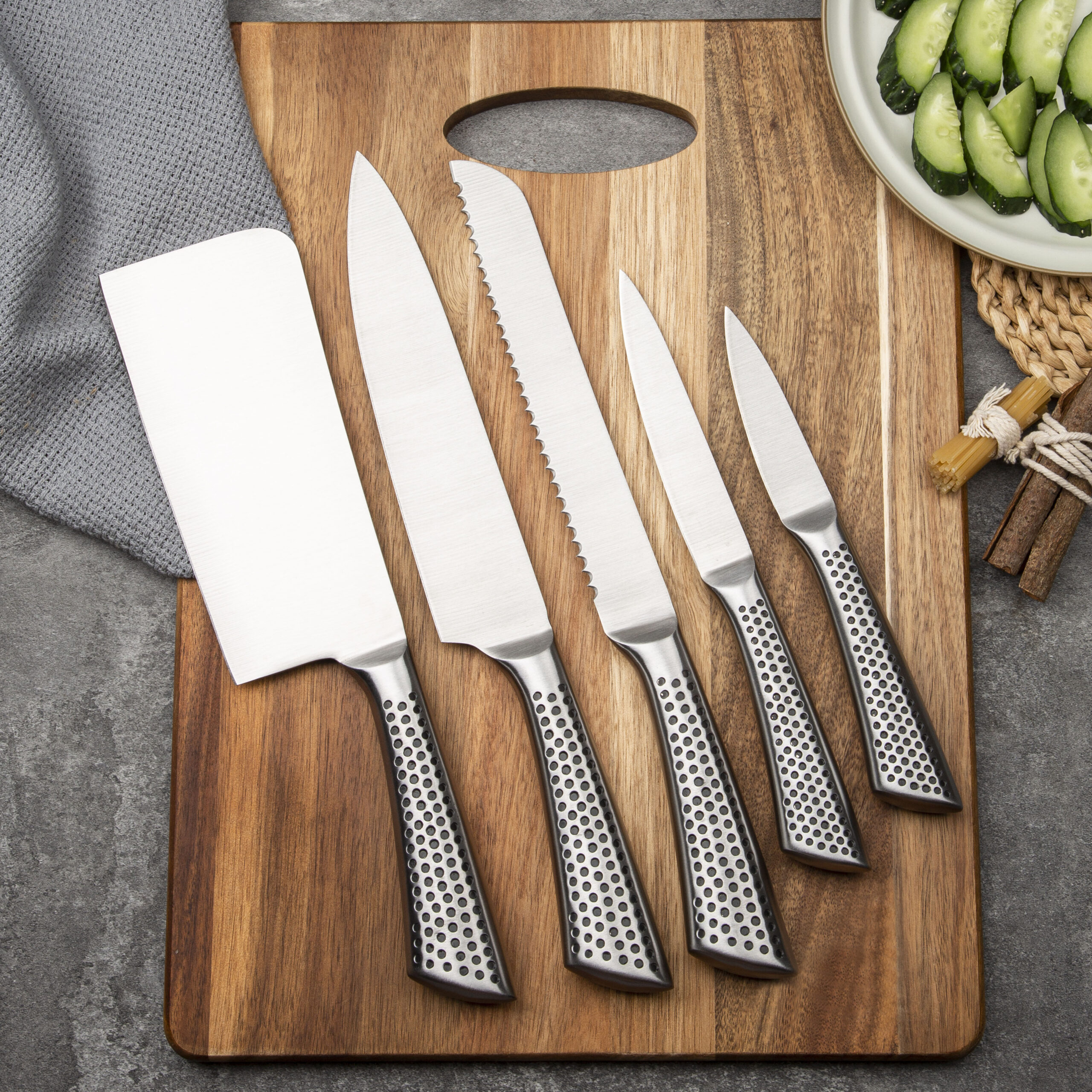 5pc 3Cr13 Forged Hollow Metal Handle Knife Set