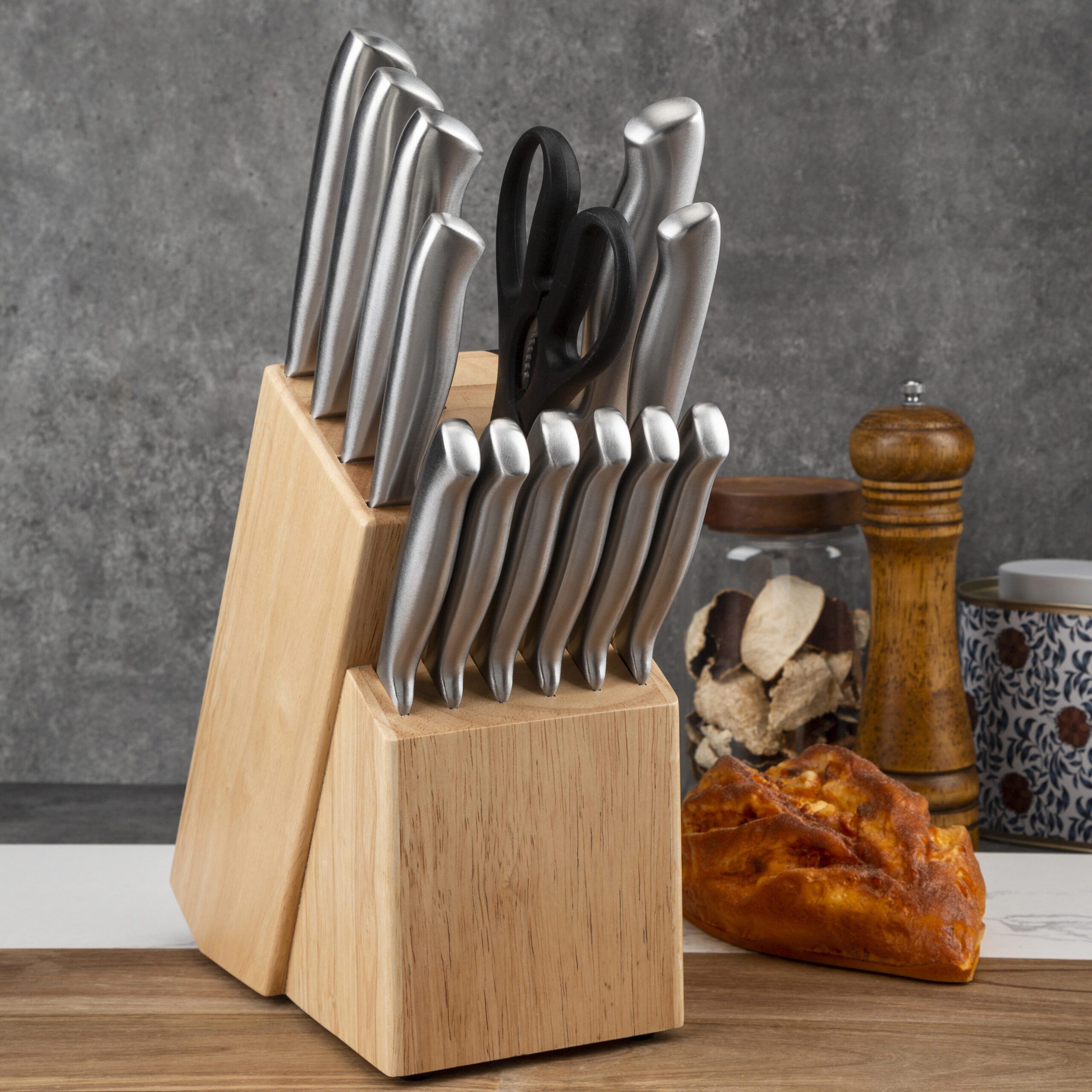 14pc Stainless Steel Knife Set Wood Block Cutting