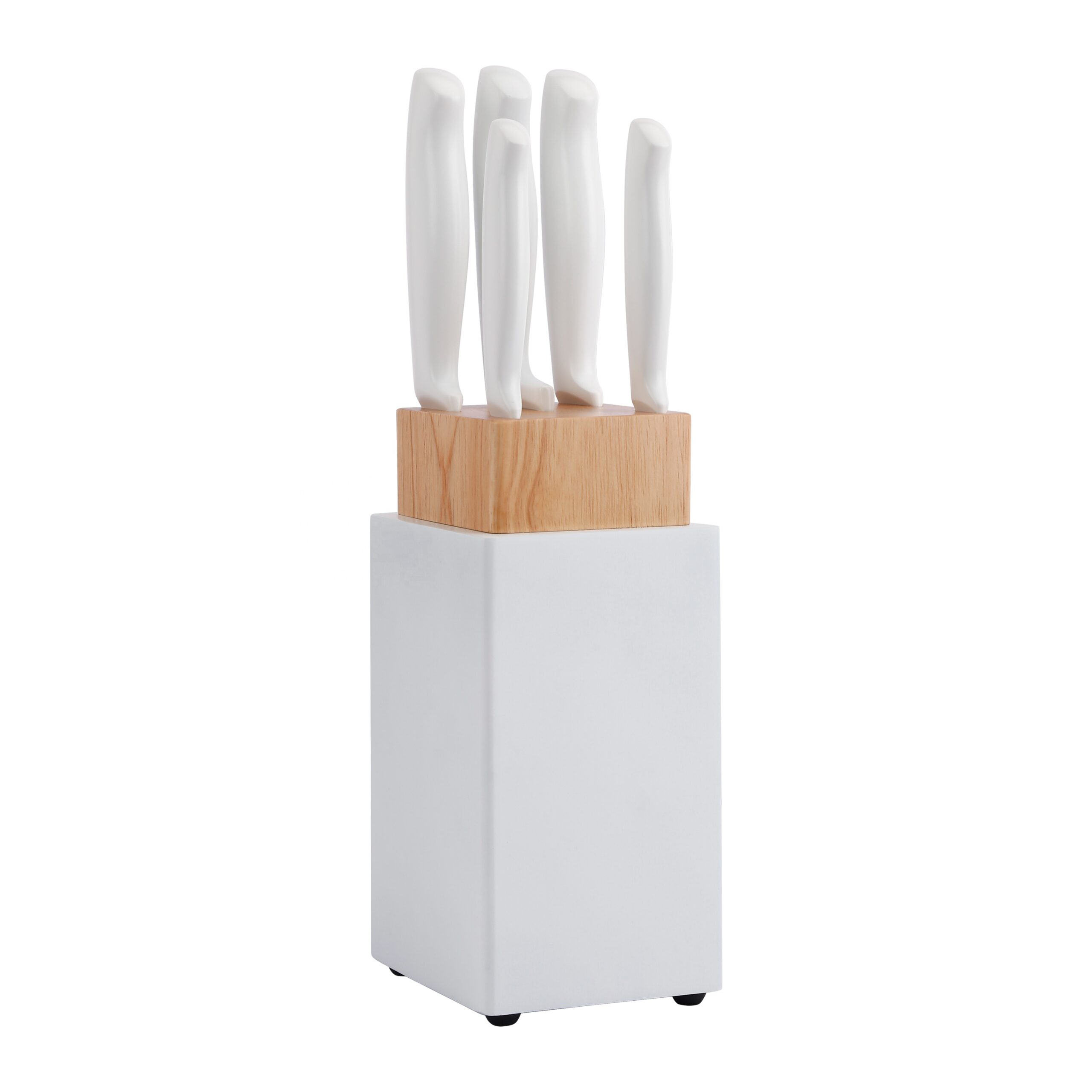6pc Stainless Steel Knife Set with White Wood Block