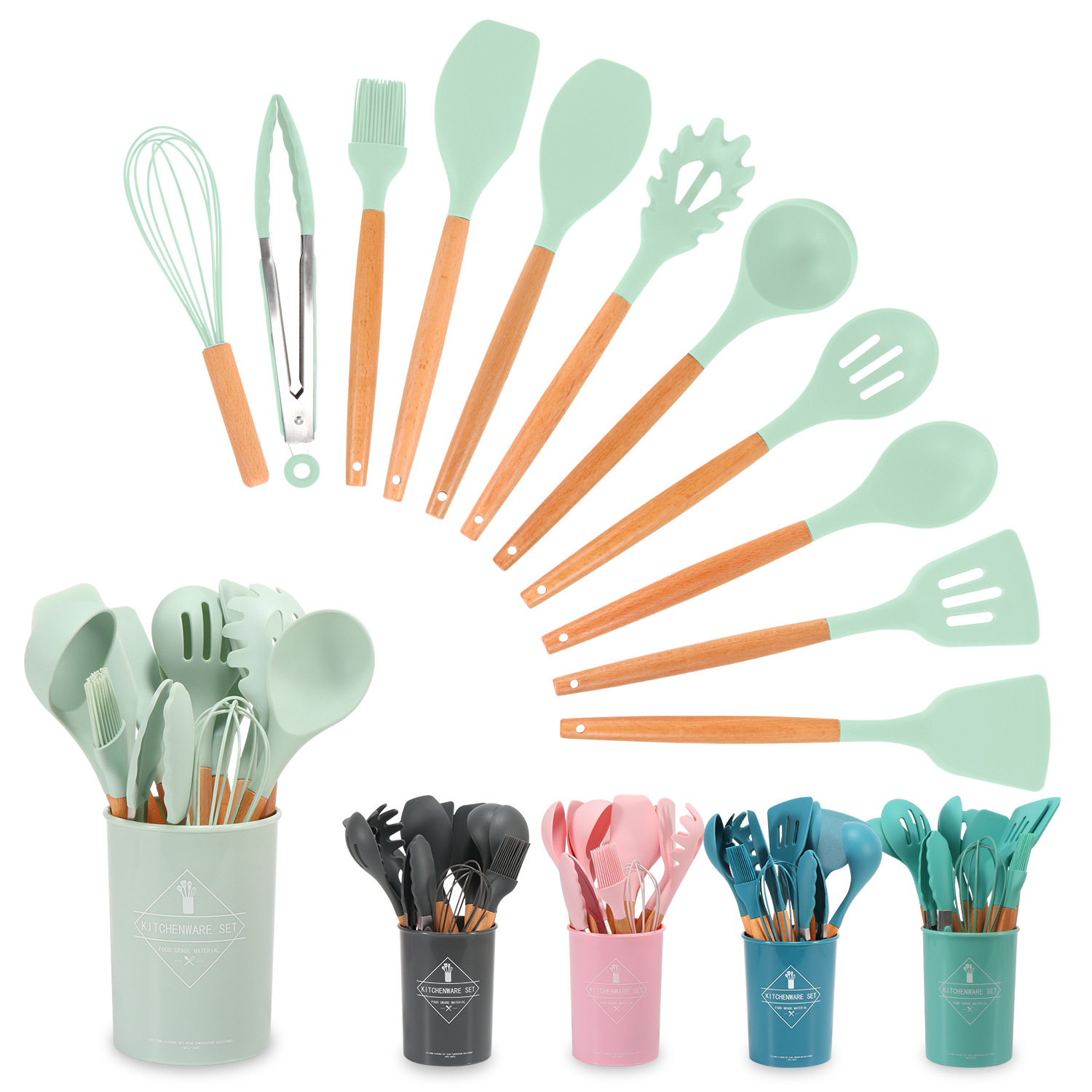 Wood-Handle Non-Stick Kitchen Utensils Set