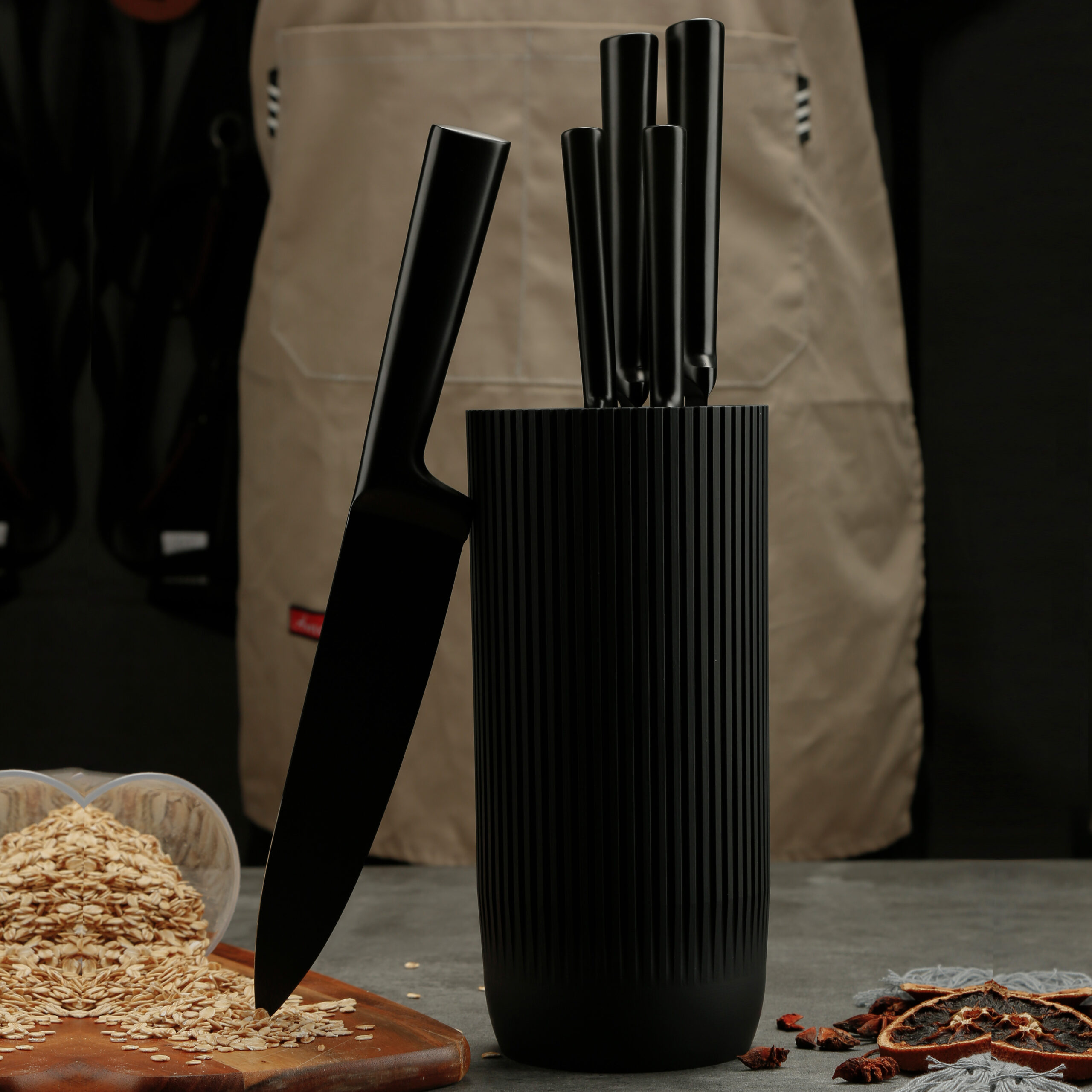 6pc Non-Stick Stainless Steel Knife Set Black with Block