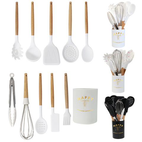 10pc White Silicone Kitchen Utensils Set Wood Handle