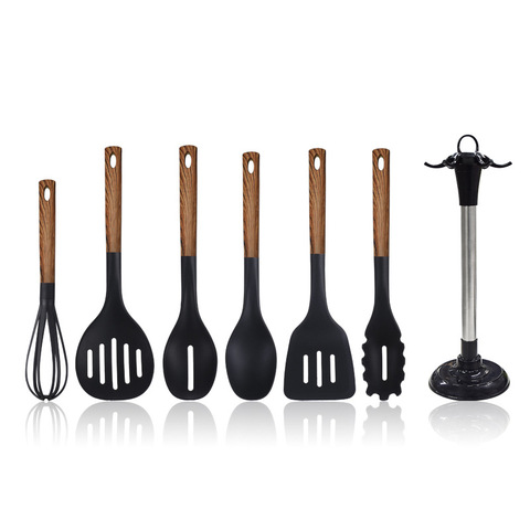 Wood-Handle Non-Stick Silicone Utensils Set With Wooden Handle and Rotating Storage Stand