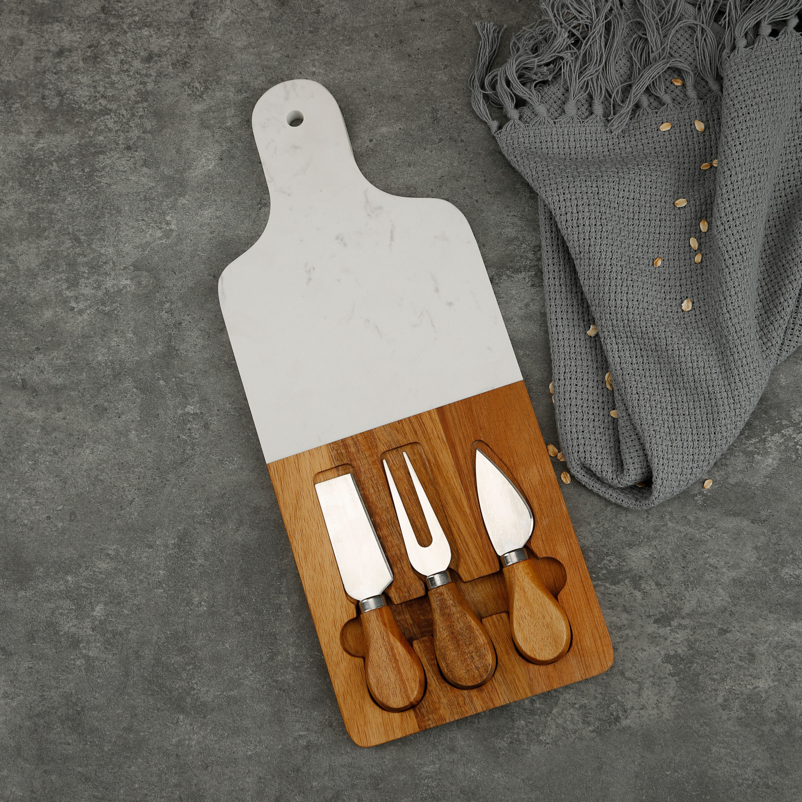 White Marble Cheese Slicer Board Knife Set