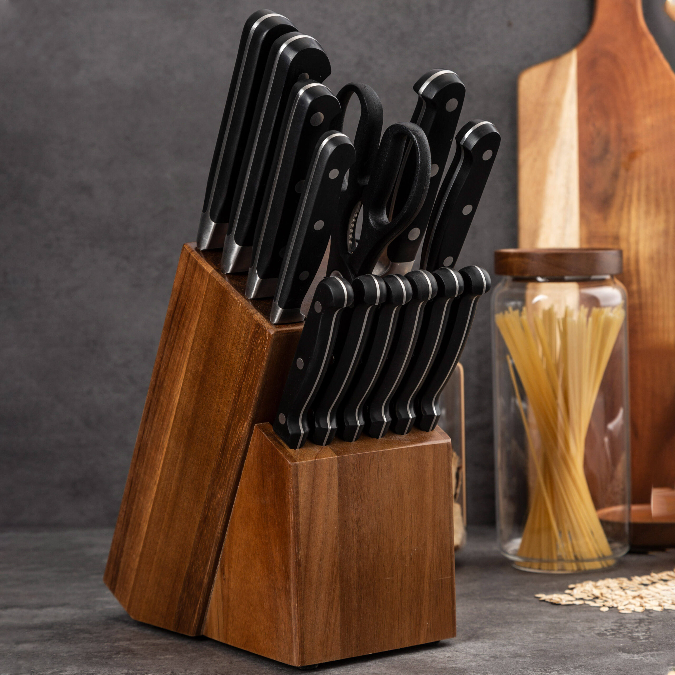 14pc Hammer Pattern Stainless Steel Scissor Wood Block