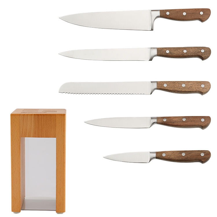 6pc Stainless Steel Knife Set Acacia Wood Handle